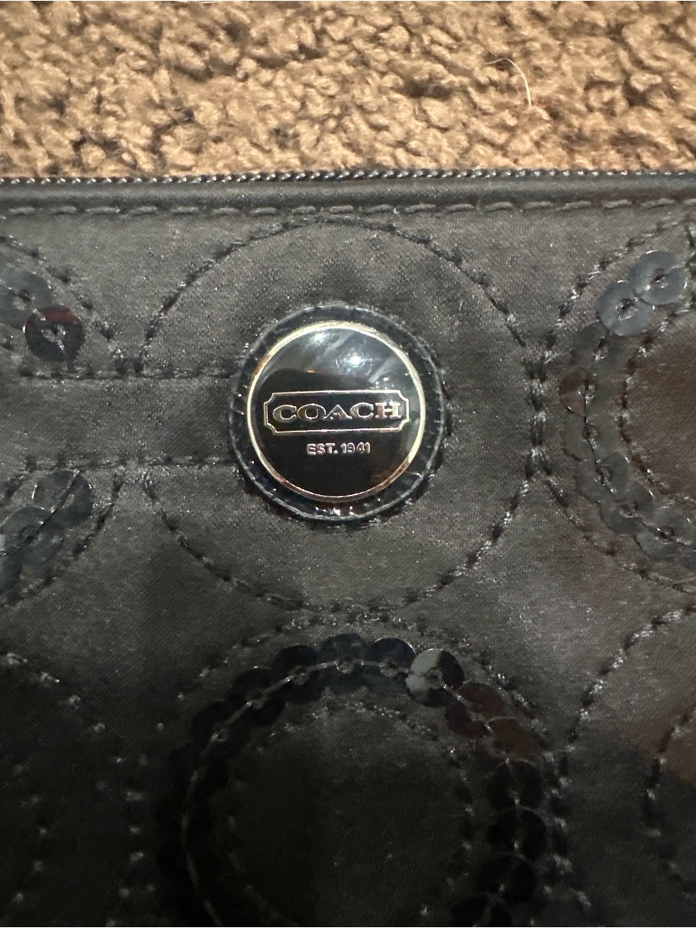 Coach Black Quilted Sequin Wristlet with Logo Medallion